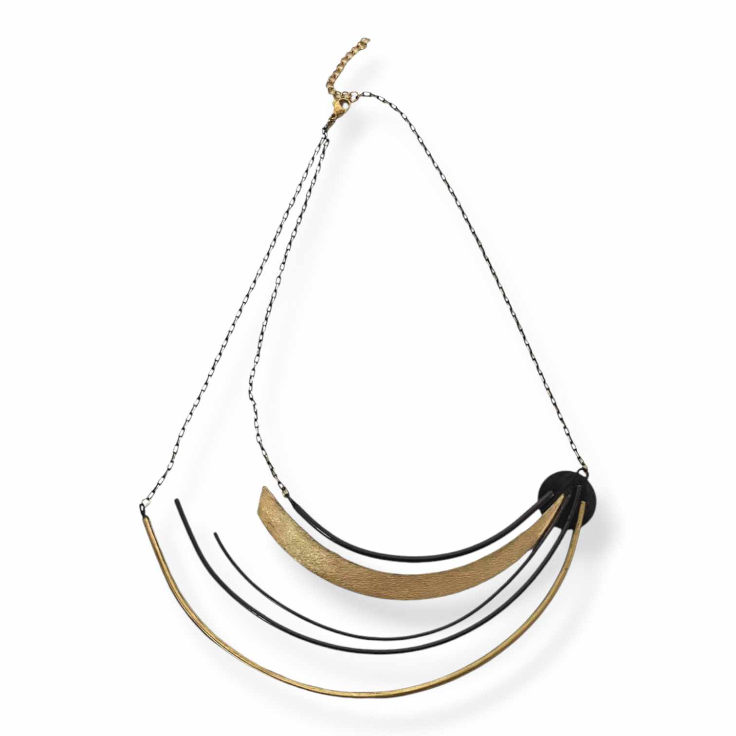 Handmade short necklace 45cm from brass with stainless steel chain and circular black and natural-toned elements – modern design, nickel free, gold-plated or black oxidized