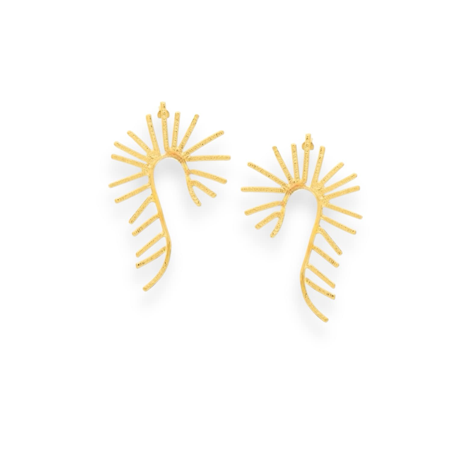 Handmade brass earrings in an abstract sunray-inspired design with a gold-plated finish. The ear post is made of 925 sterling silver. Also available in free nickel or black oxidized finish.