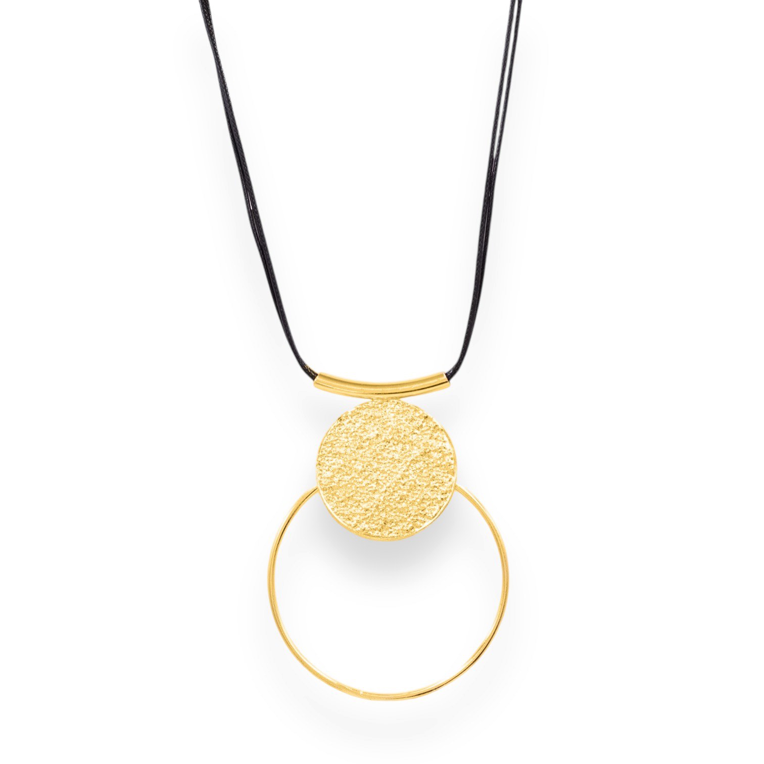 Χειροποίητο κοντό κολιέ με μαύρα δερμάτινα κορδόνια και διπλό γεωμετρικό στοιχείο από ορείχαλκο. Διατίθεται σε επίχρυση, μαύρη οξείδωση ή επιλογή free nickel.