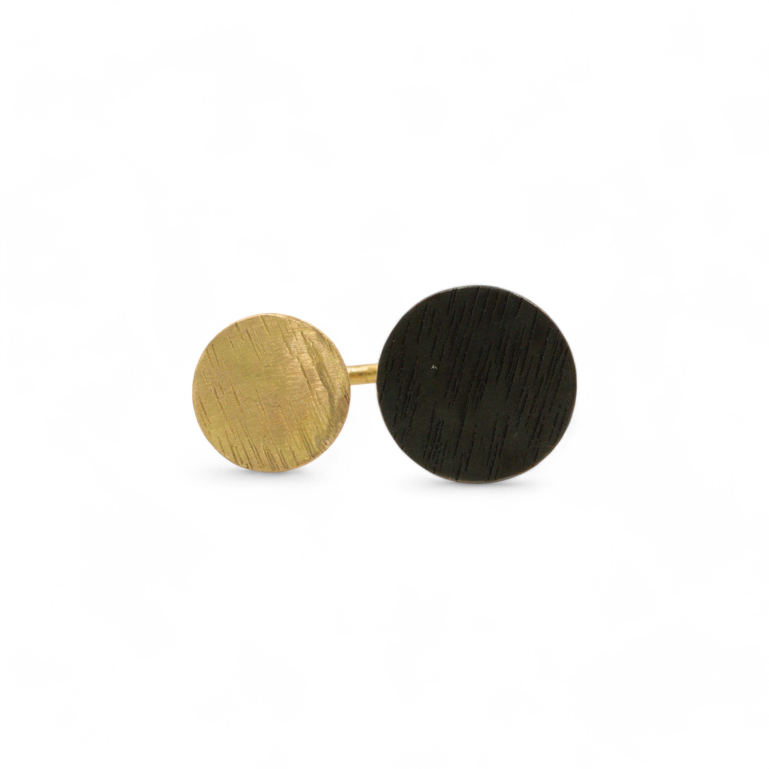 Handmade brass ring with double circle motif in gold-plated and black oxidized finish, nickel free