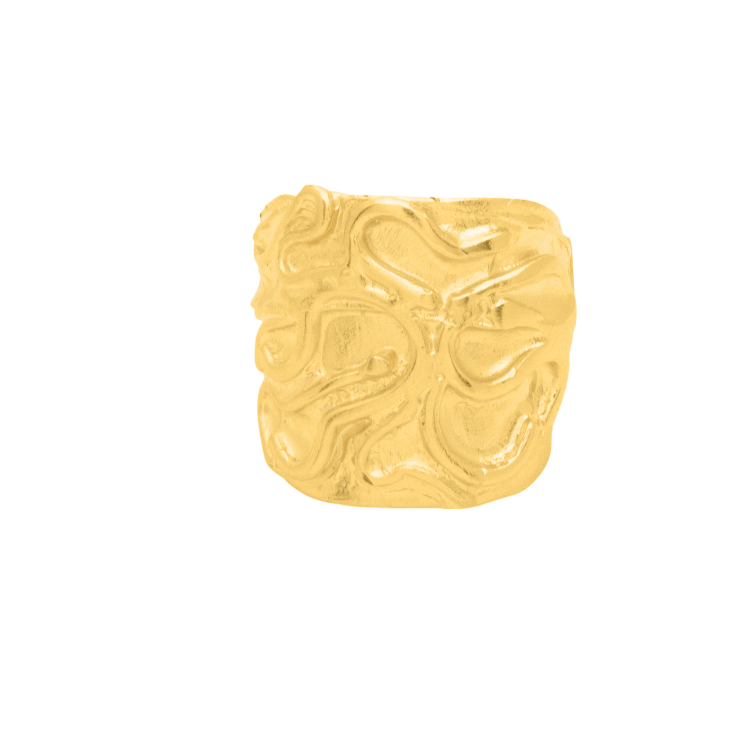 Χειροποίητο ανοιγόμενο δαχτυλίδι από ορείχαλκο με τετραγωνισμένο σχήμα και ανάγλυφη οργανική υφή, επίχρυσο ή μαύρη οξείδωση, free nickel