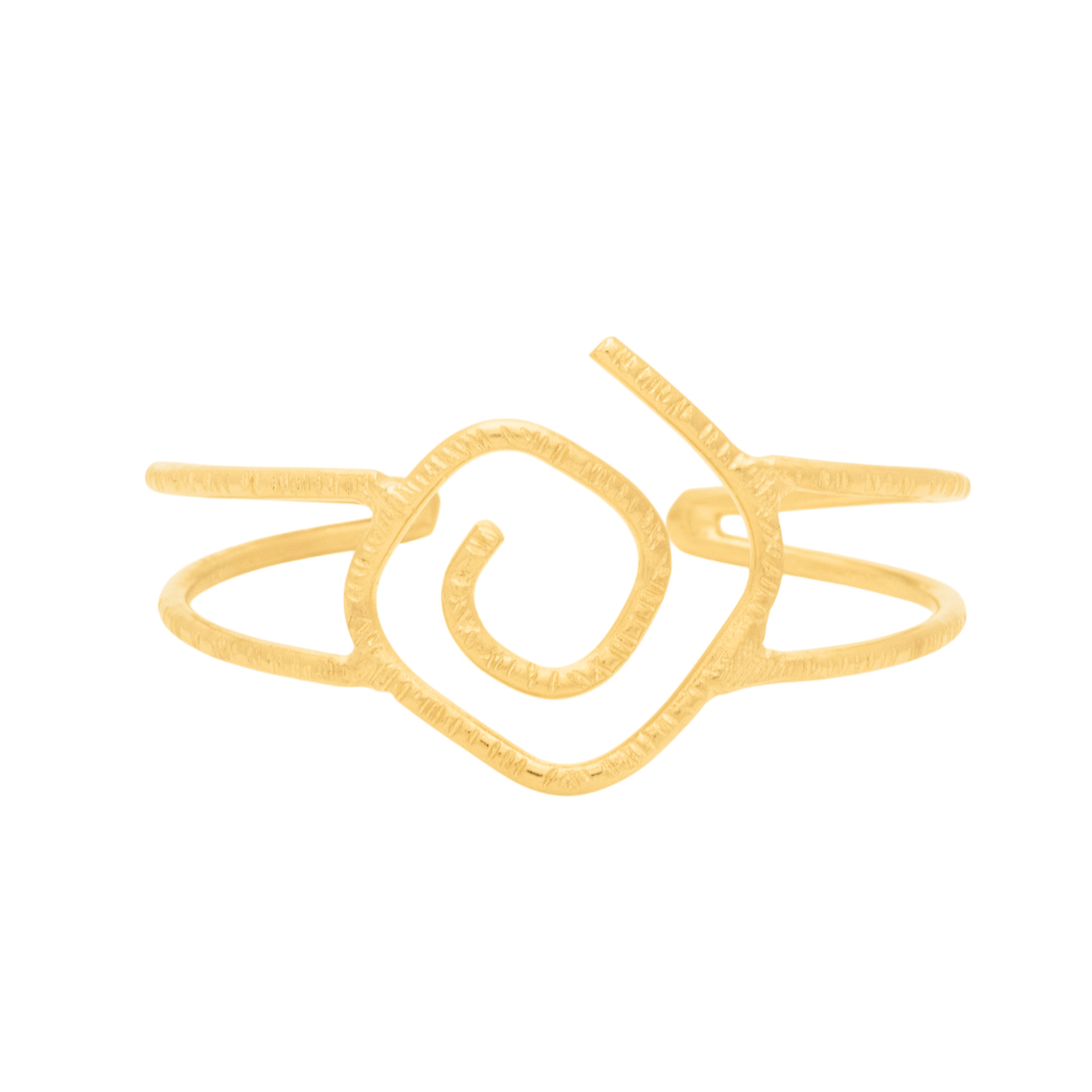 Χειροποίητο βραχιόλι από ορείχαλκο με κεντρικό αφηρημένο μοτίβο τύπου σπείρας, διαθέσιμο σε επίχρυσο, μαύρη οξείδωση και free nickel – statement κόσμημα ελληνικής κατασκευής