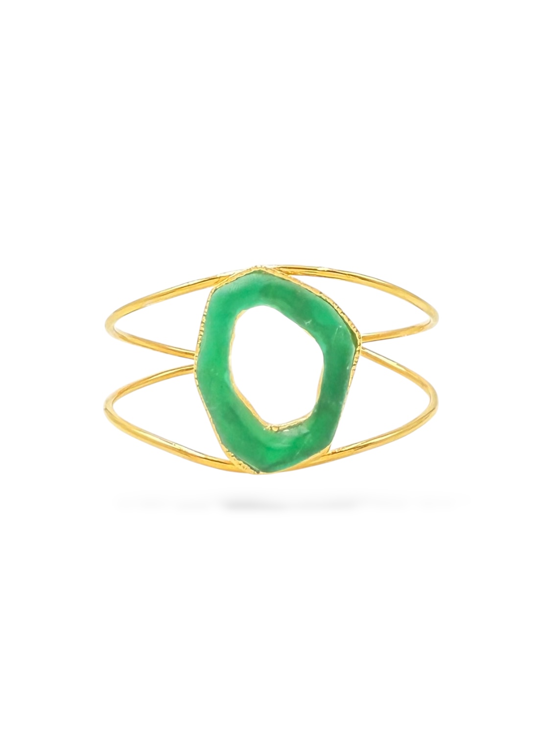 Χειροποίητο επιχρυσωμένο διπλό βραχιόλι ορείχαλκου με μεγάλο οργανικό στοιχείο από υγρό γυαλί.