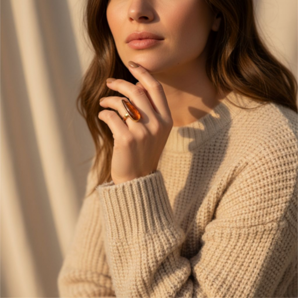 Ανοιγόμενο χειροποίητο δαχτυλίδι ορείχαλκου με πέτρα από υγρό γυαλί σε σχήμα σταγόνας