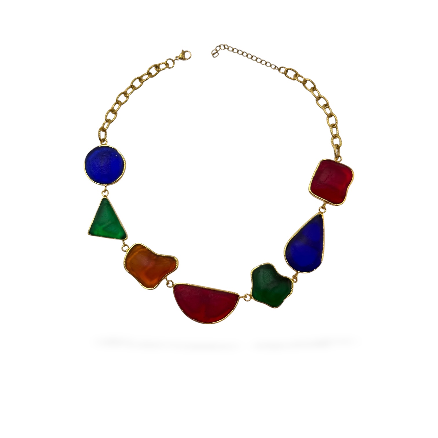 Short 45cm handmade necklace with multicolor resin glass stones and stainless steel chain.