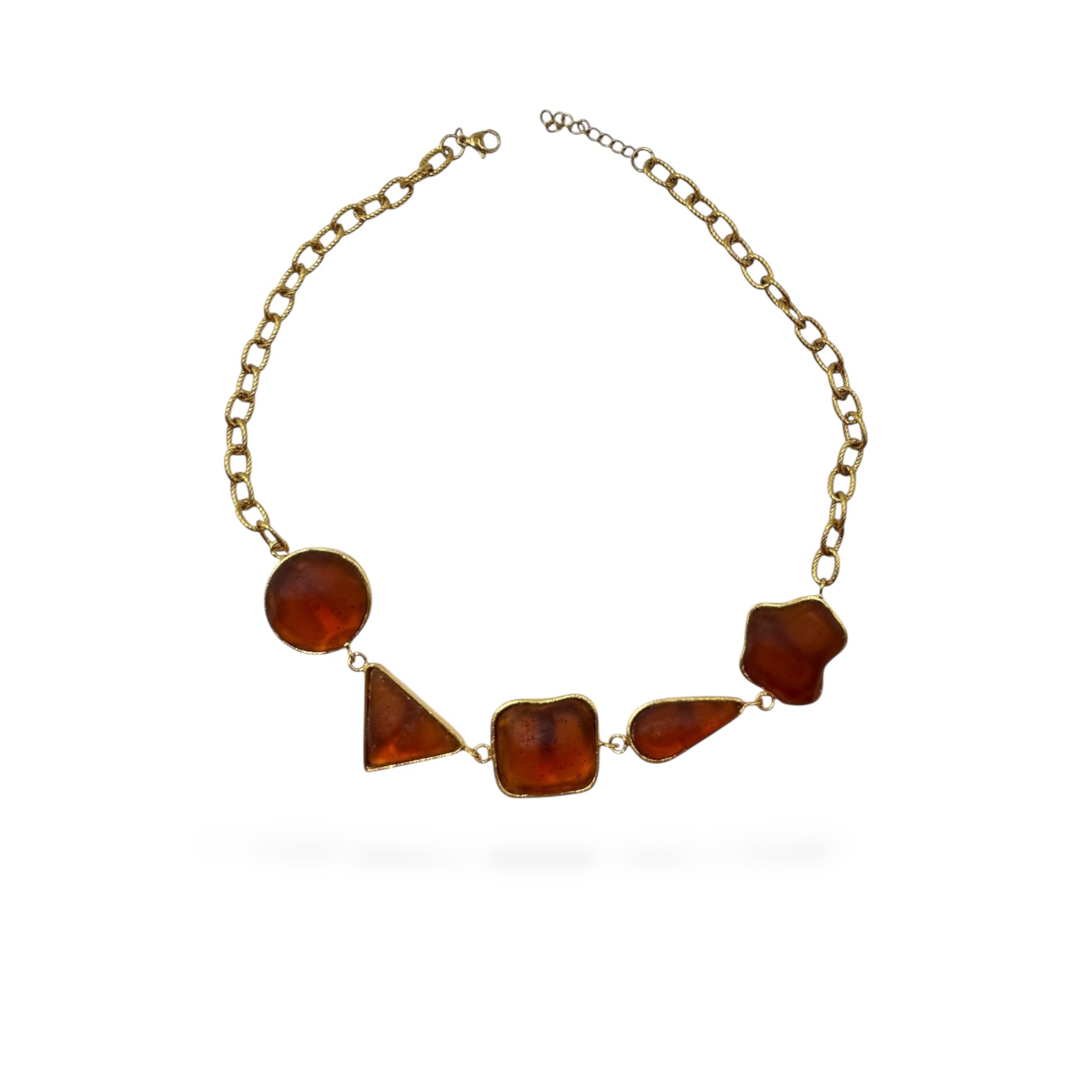 Handmade geometric brass necklace with resin glass stones and a stainless steel chain.