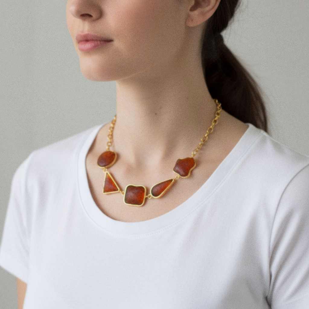 Handmade geometric brass necklace with resin glass stones