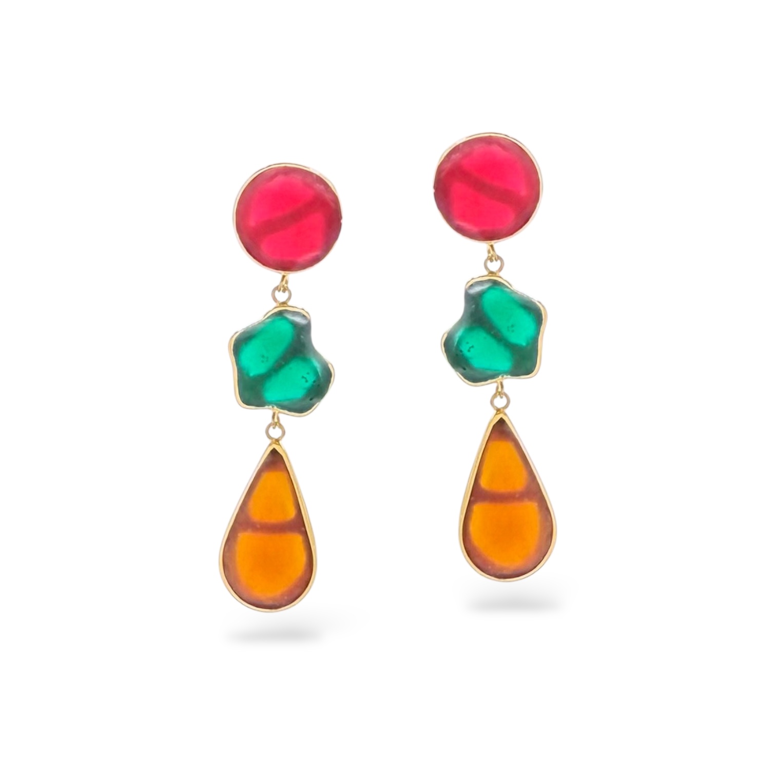 Handcrafted brass earrings with geometric liquid-glass elements and 925 sterling-silver post.