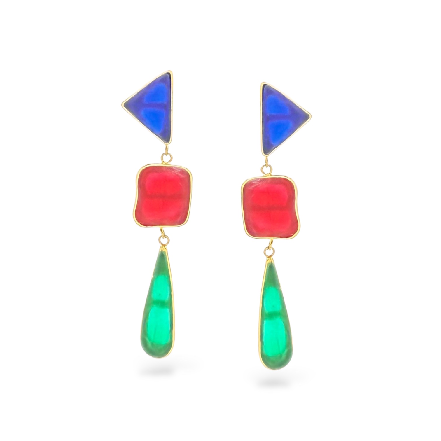 Handcrafted brass earrings with geometric liquid-glass elements and 925 sterling-silver post.
