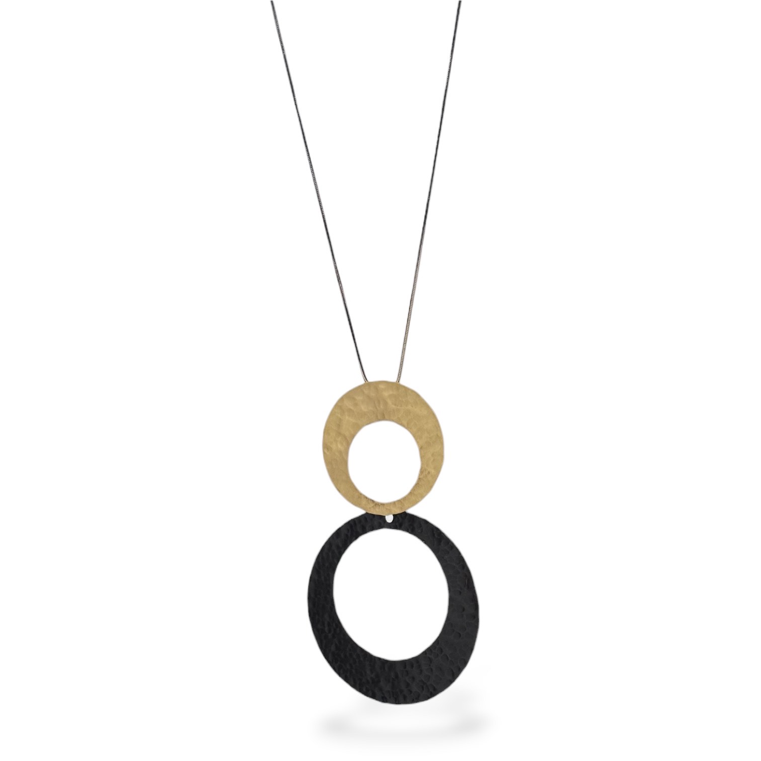 Handmade necklace with double circle brass pendant in two tones and a thin stainless steel chain