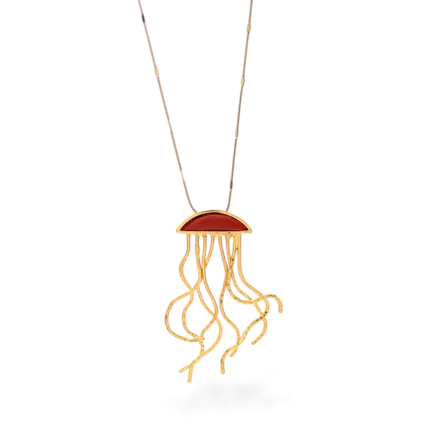 Handmade long jellyfish necklace with brass, resin detail and stainless steel chain